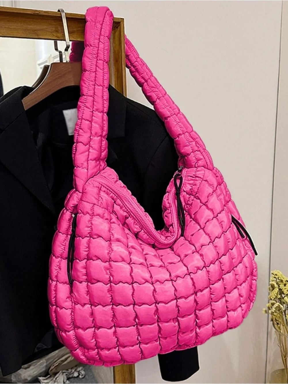 Hot Pink Quilted Puffer Shoulder Bag